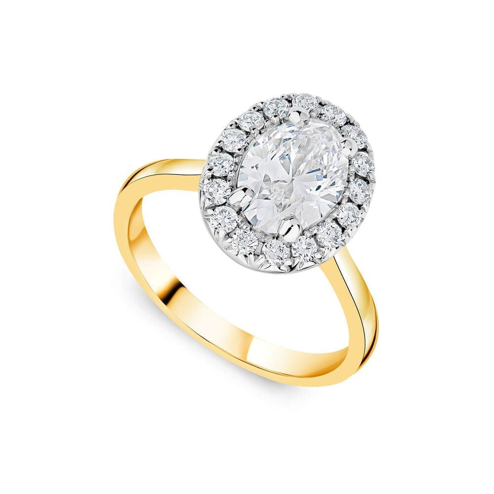 18ct yellow gold engagement ring with a round lab-grown diamond surrounded by a sparkling halo setting