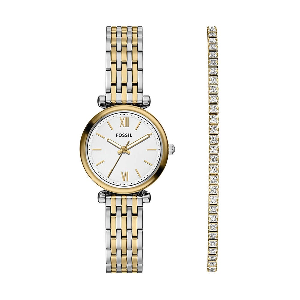 Fossil Carlie 28mm White Dial Two Tone Stainless Steel Bracelet Watch image number 0