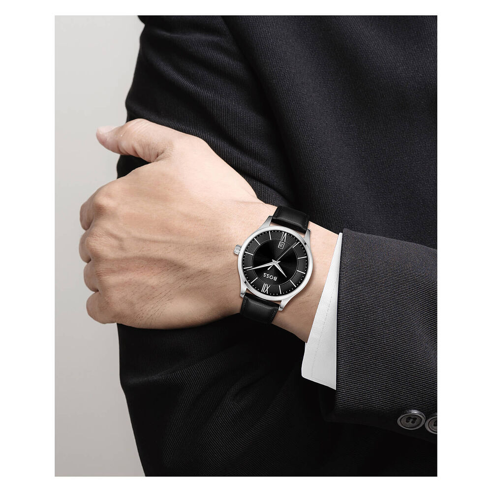Hugo Boss Elite 41mm Quartz Black Dial Steel Case Black Leather Strap Watch image number 2