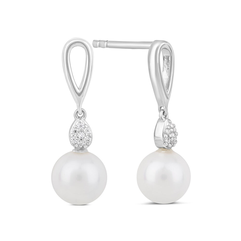Sterling Silver Freshwater Cultured Pearl and Cubic Zirconia Drop Earrings image number 2