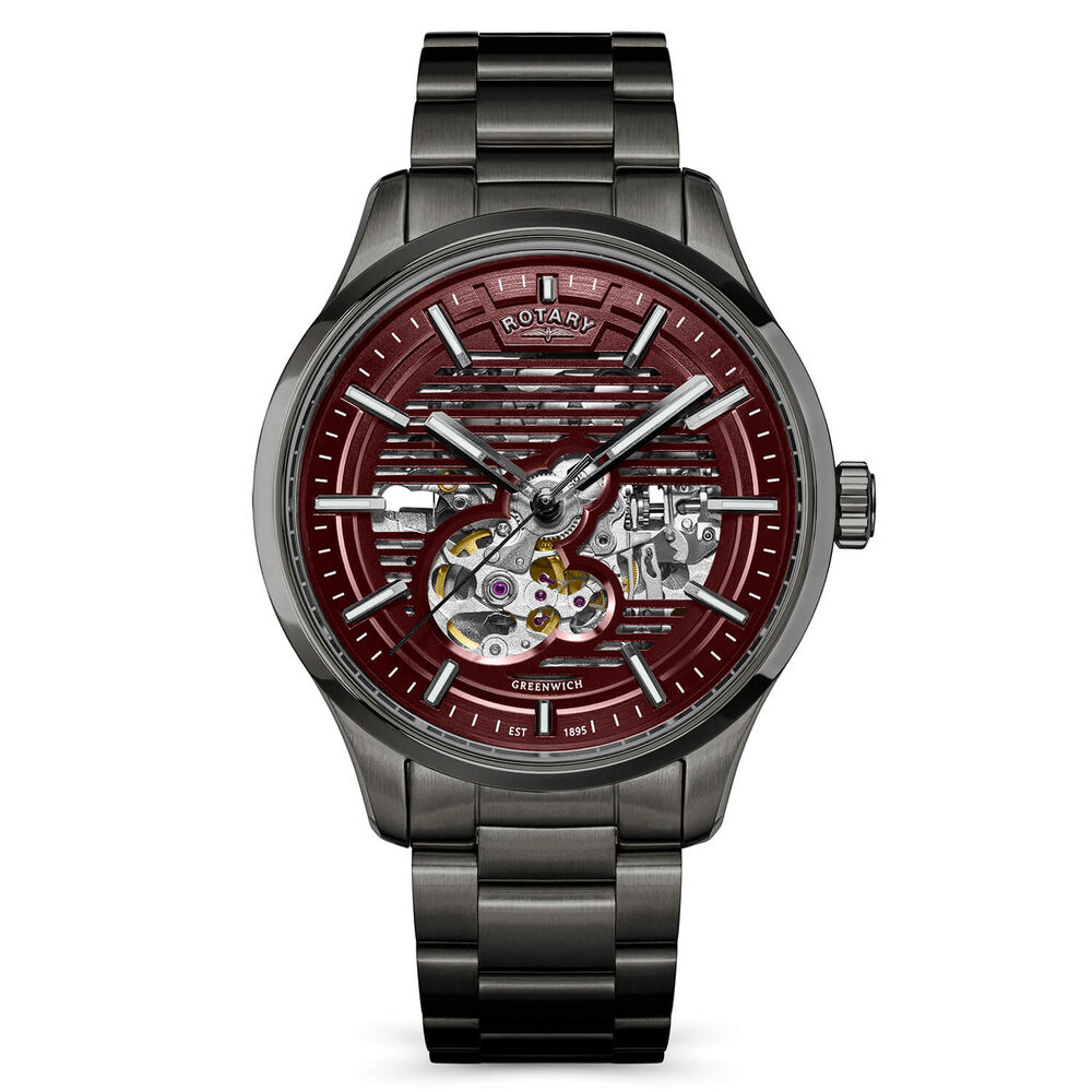 Rotary Greenwich Skeleton 42mm Red Dial Gunmetal Stainless Steel Bracelet Watch