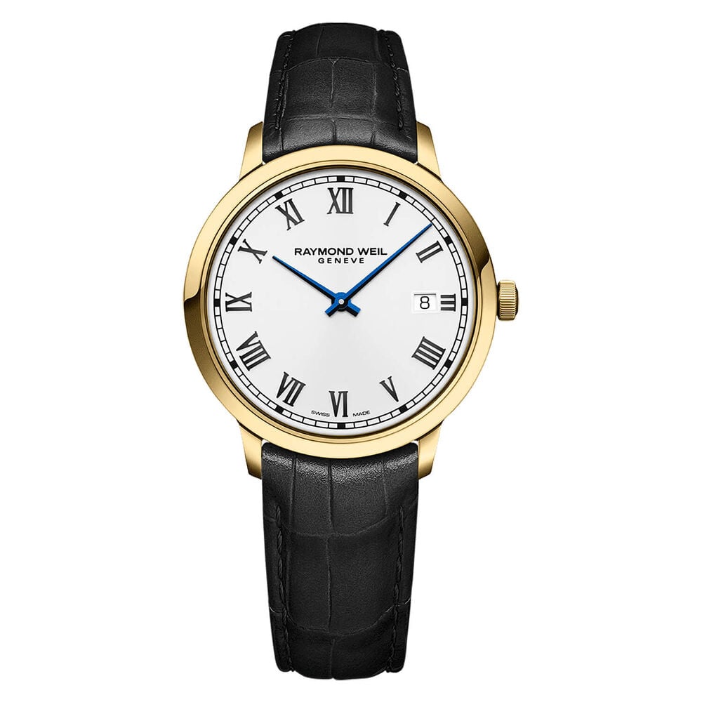 Raymond Weil Toccata Classic Gold PVD 39mm White Dial Black Leather Strap Watch image number 0
