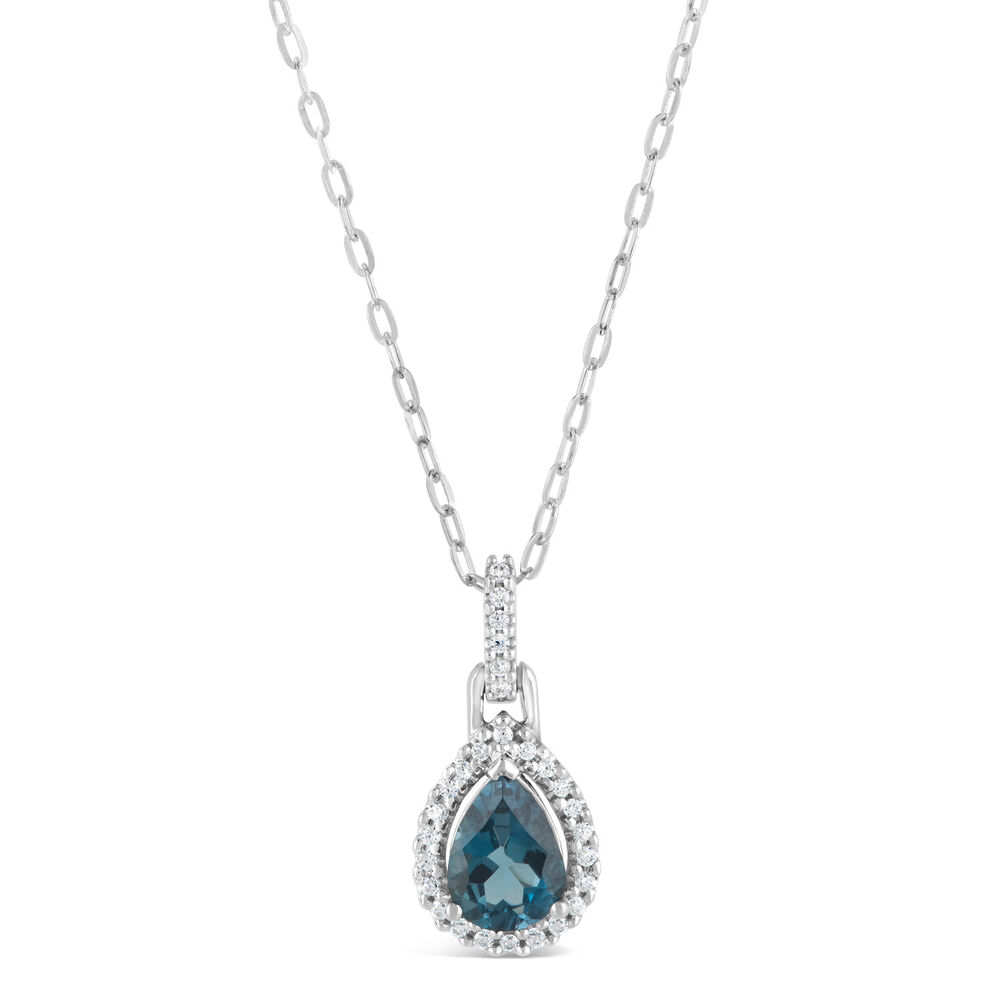 9ct White Gold 0.10ct Diamond and Blue Topaz Pear Pendant image number 0