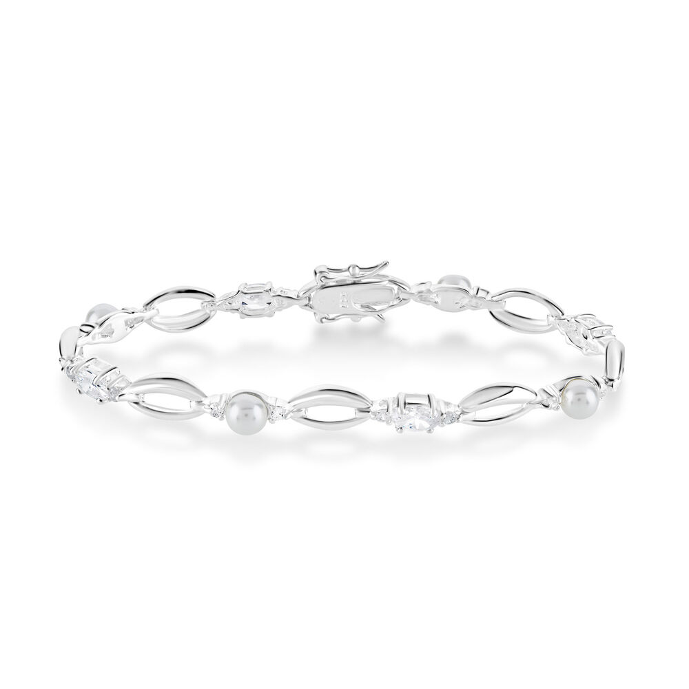 Sterling Silver Pearl and Cubic Zirconia Bracelet image number 0
