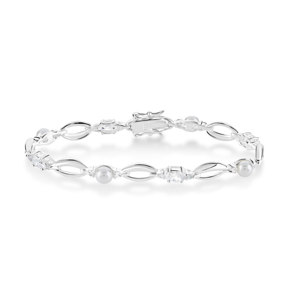 Sterling Silver Pearl and Cubic Zirconia Bracelet image number 0