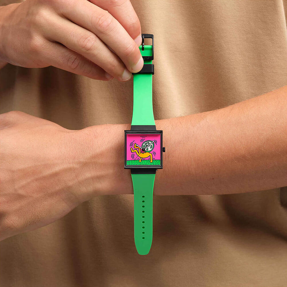 Swatch Break Time 41.8mm Square Multi Colour Dial Green Silicone Strap Watch image number 4