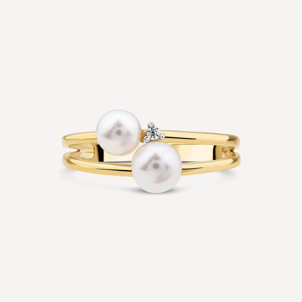 9ct Yellow Gold Diamond & Two Freshwater Pearls Double Band Ring image number 1