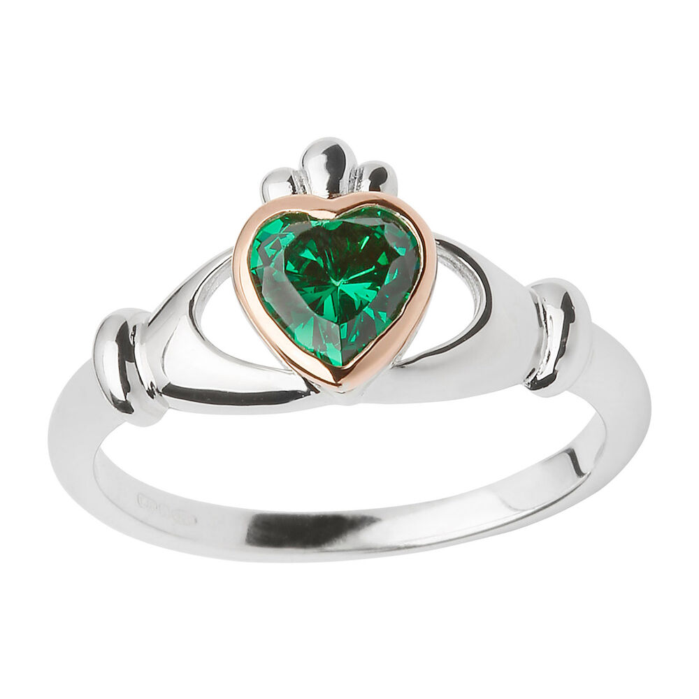 House of Lor 9ct Irish Rose Gold and Sterling Silver Green Stone Claddagh Ring