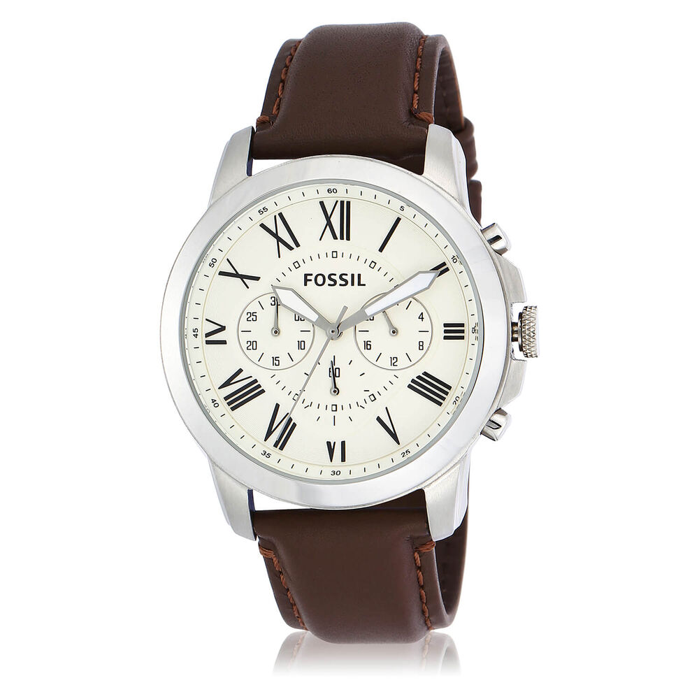Fossil Grant 44mm Beige Dial Chronograph Steel Case Brown Leather Starp Watch image number 6