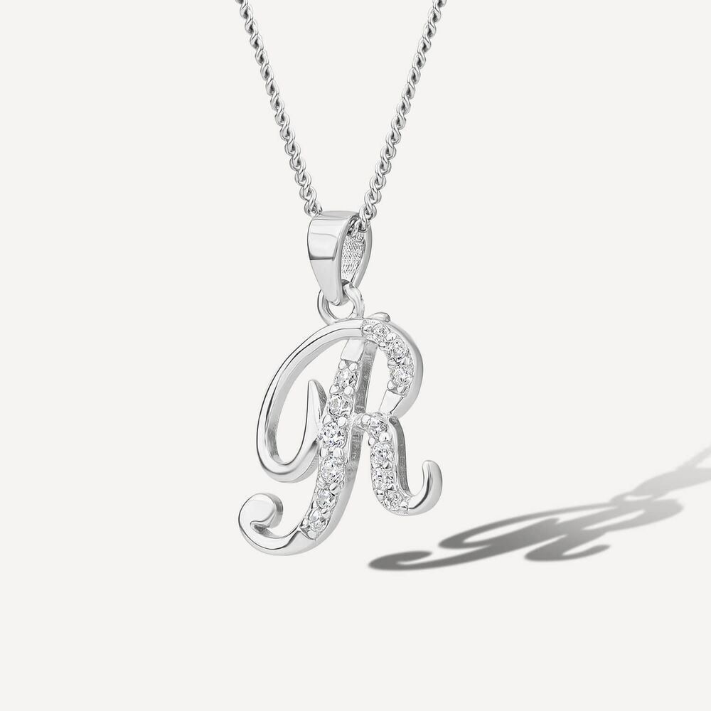 Sterling Silver Script Cubic Zirconia Set Initial R Pendant image number 1