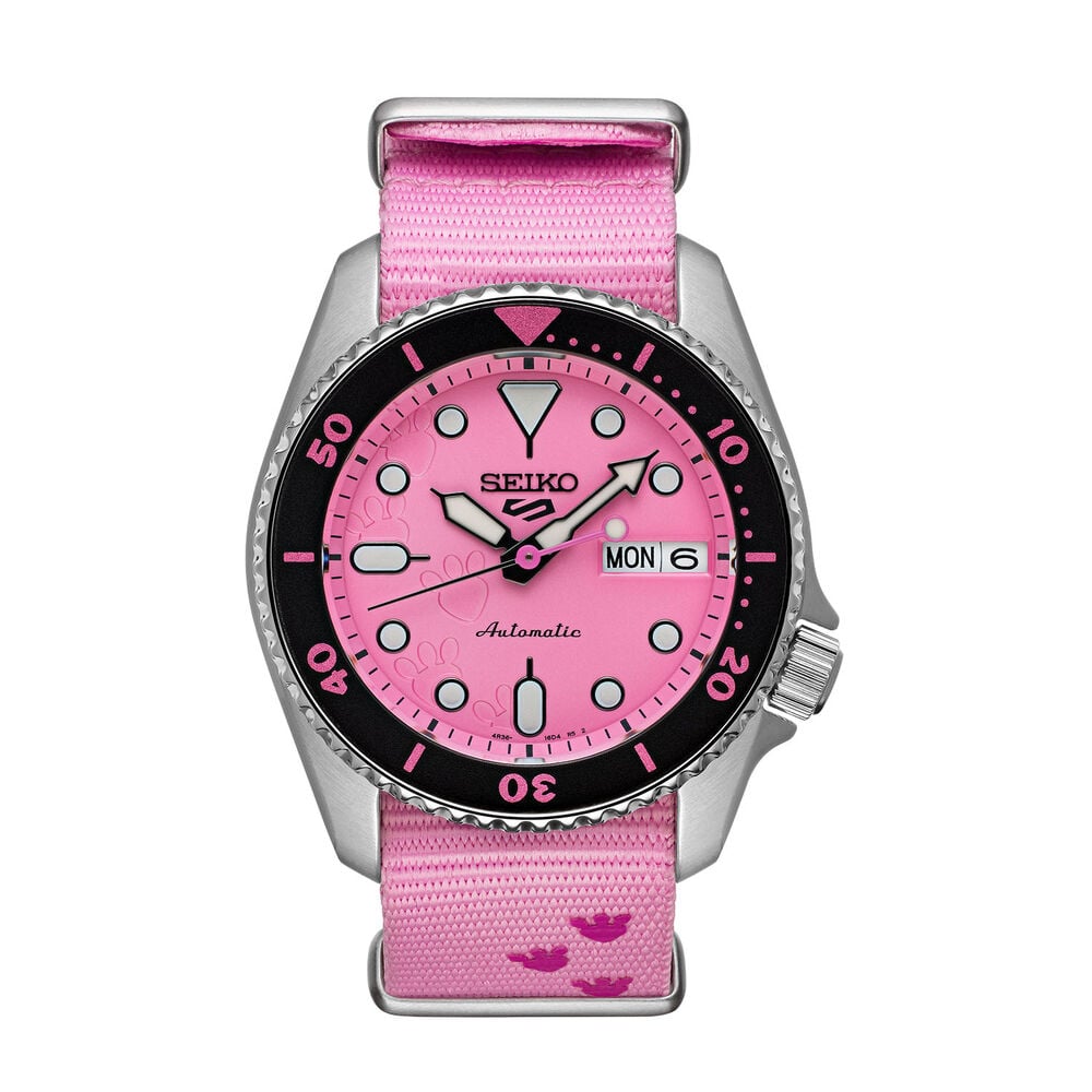 Seiko 5 Sports x Pink Panther Limited Edition 38mm Pink Dial Steel Bracelet Watch image number 6