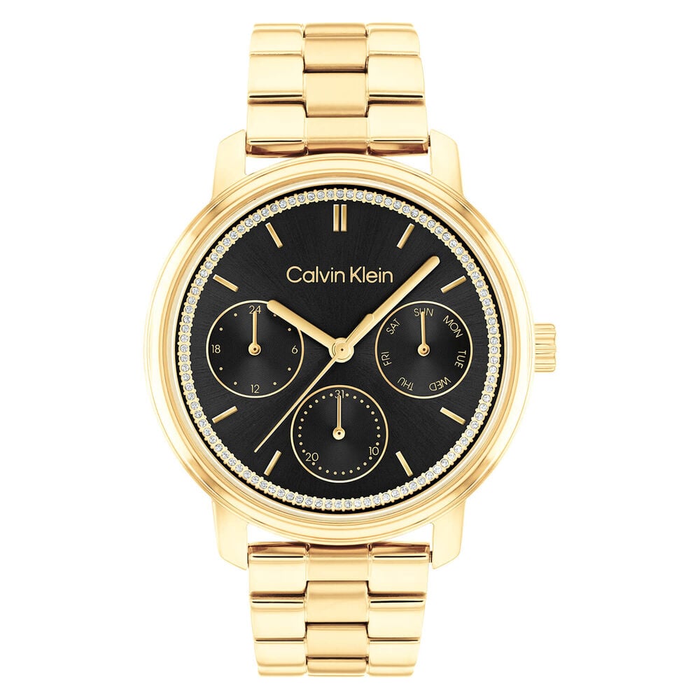 Calvin Klein Timeless Shimmer 38mm Black Dial Yellow Gold IP Bracelet Watch