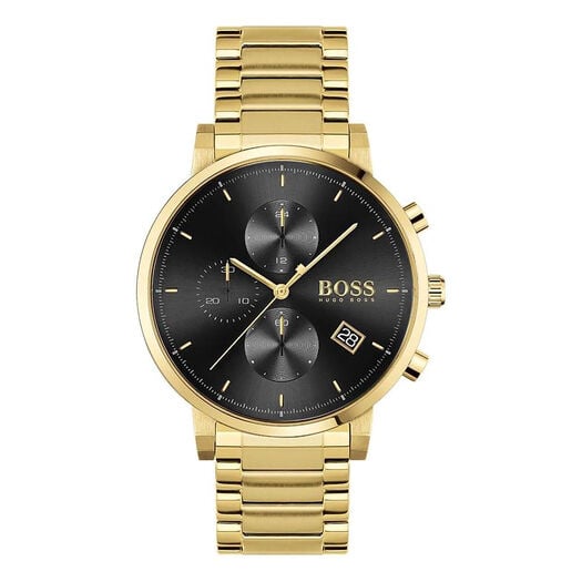 Hugo Boss Integrity 43mm Quartz Black Dial Gold Plated Case Bracelet Watch