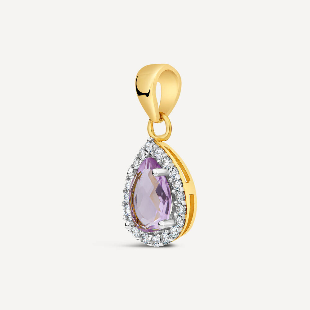 9ct Yellow Gold Pear Amethyst & Cubic Zirconia Pendant (Chain Included) image number 1