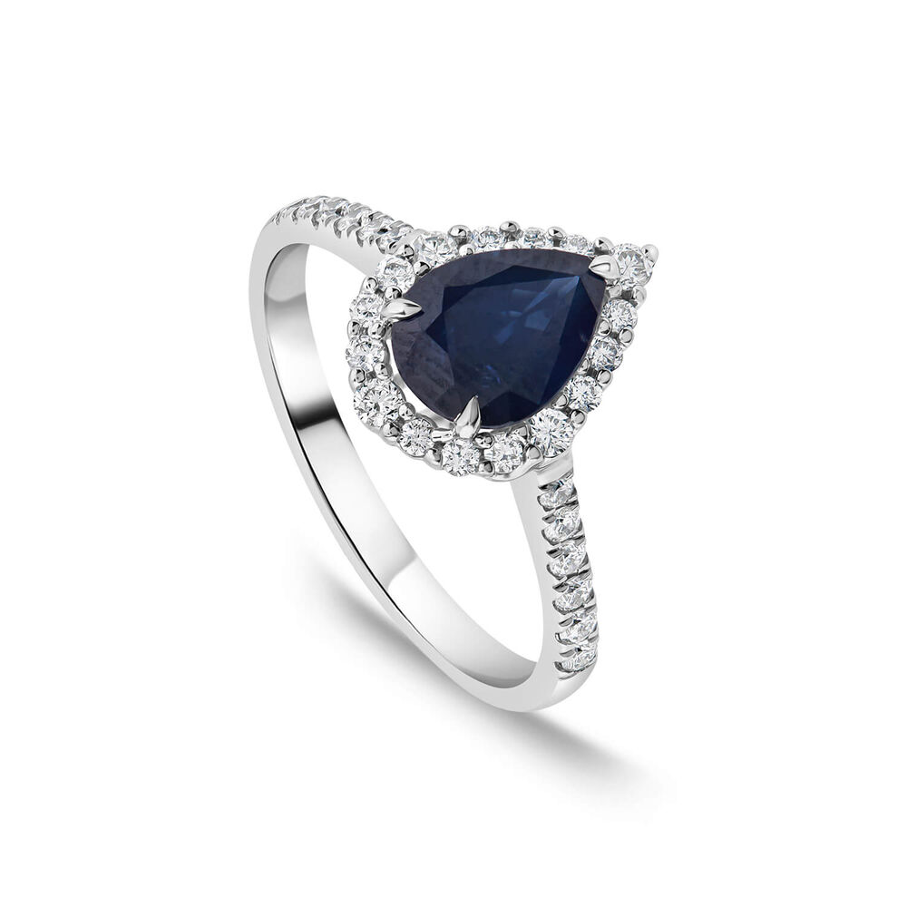 18ct White Gold Pear Sapphire Centre 0.33ct Diamond Halo & Shoulders Ring