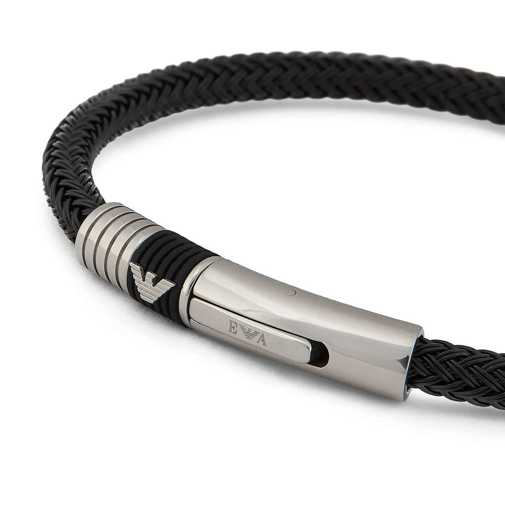Emporio Armani Black Leather & Stainless Steel Bracelet image number 1