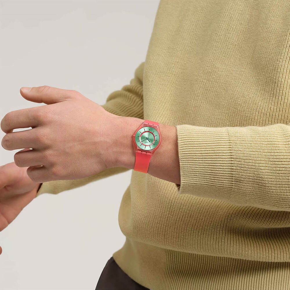 Swatch Skin Minty Mango Dream 34mm Green Dial Red Gradient Silicon Strap Watch image number 3