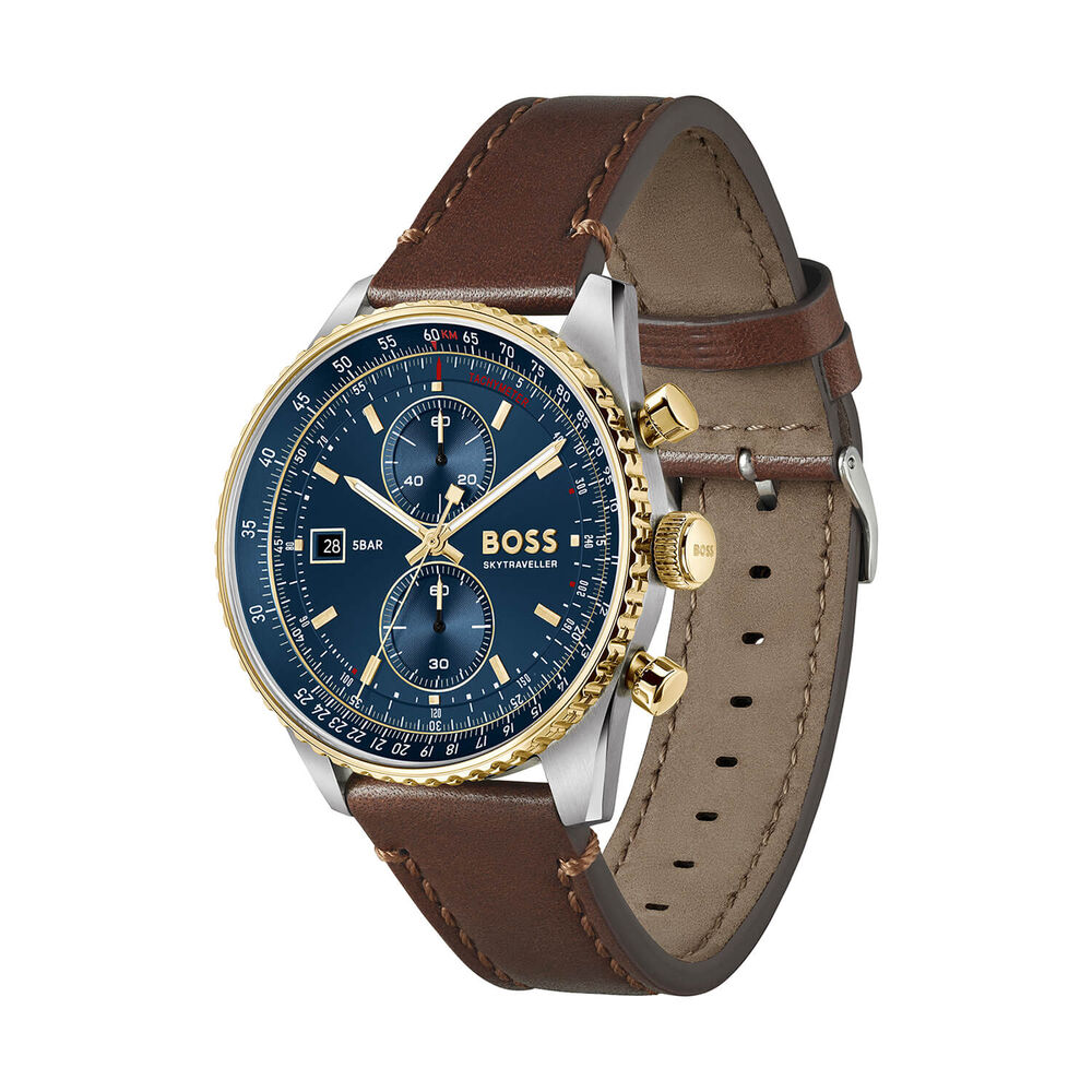 BOSS Skytraveller Pro 43mm Blue Dial Brown Leather Strap Watch