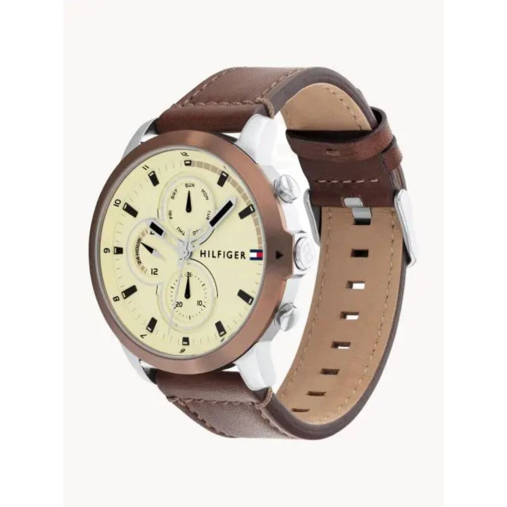 Tommy Hilfiger 46mm Cream Dial Brown Bezel Brown Leather Strap Watch image number 1