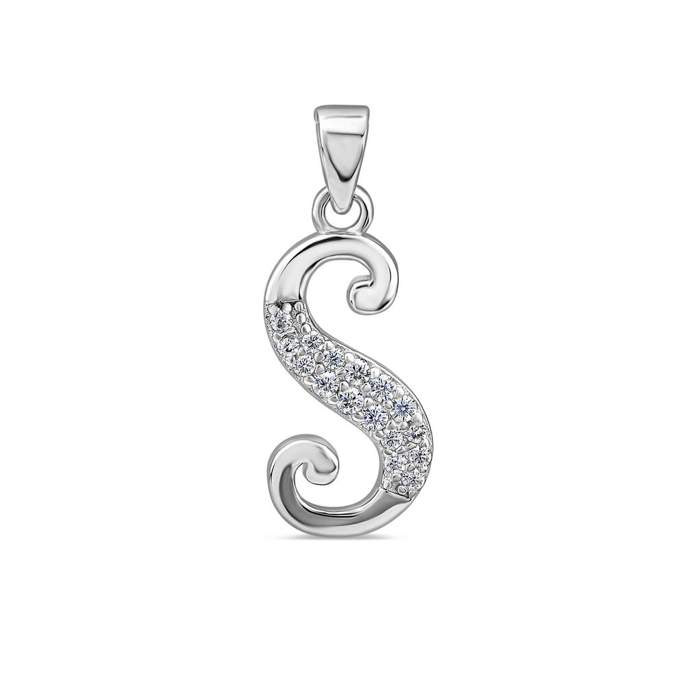 Sterling Silver Script Cubic Zirconia Initial "S" Pendant image number 0