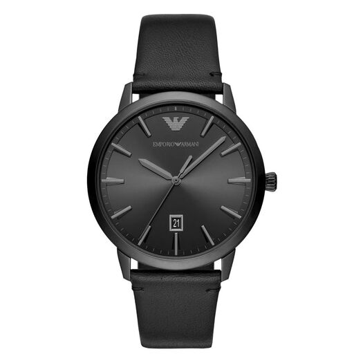 Emporio Armani Ruggero 43mm Black Dial Black & Steel Case Black Leather Strap Watch