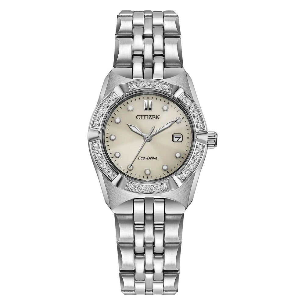 Citizen Eco-Drive Corso 28mm Champagne Dial Diamond Bezel Steel Bracelet image number 0