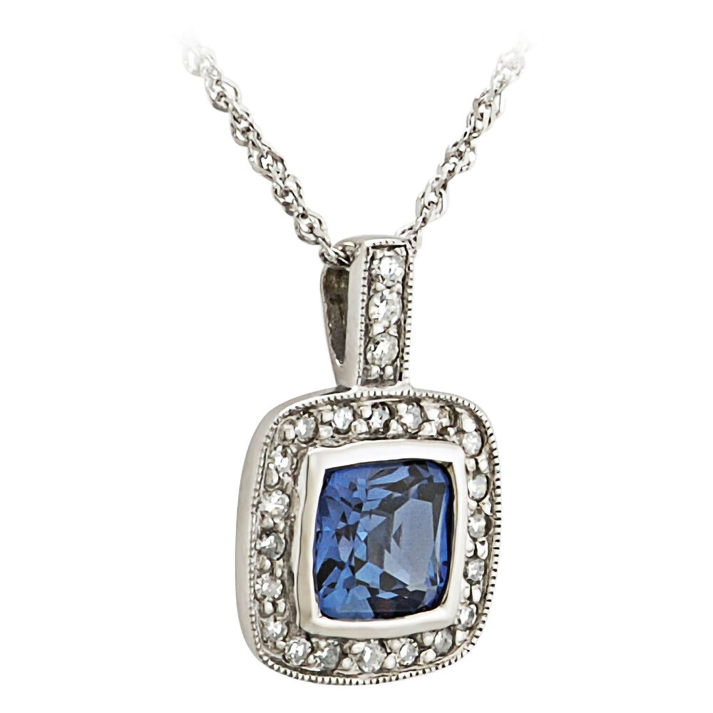 9ct White Gold Created Sapphire and Diamond Pendant