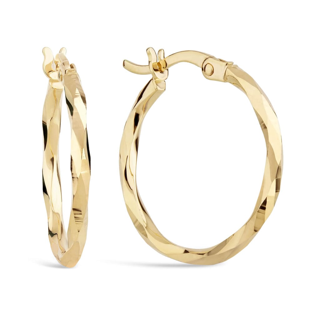 9ct Yellow Gold Diamond Cut Creole Small Hoop Earrings image number 1