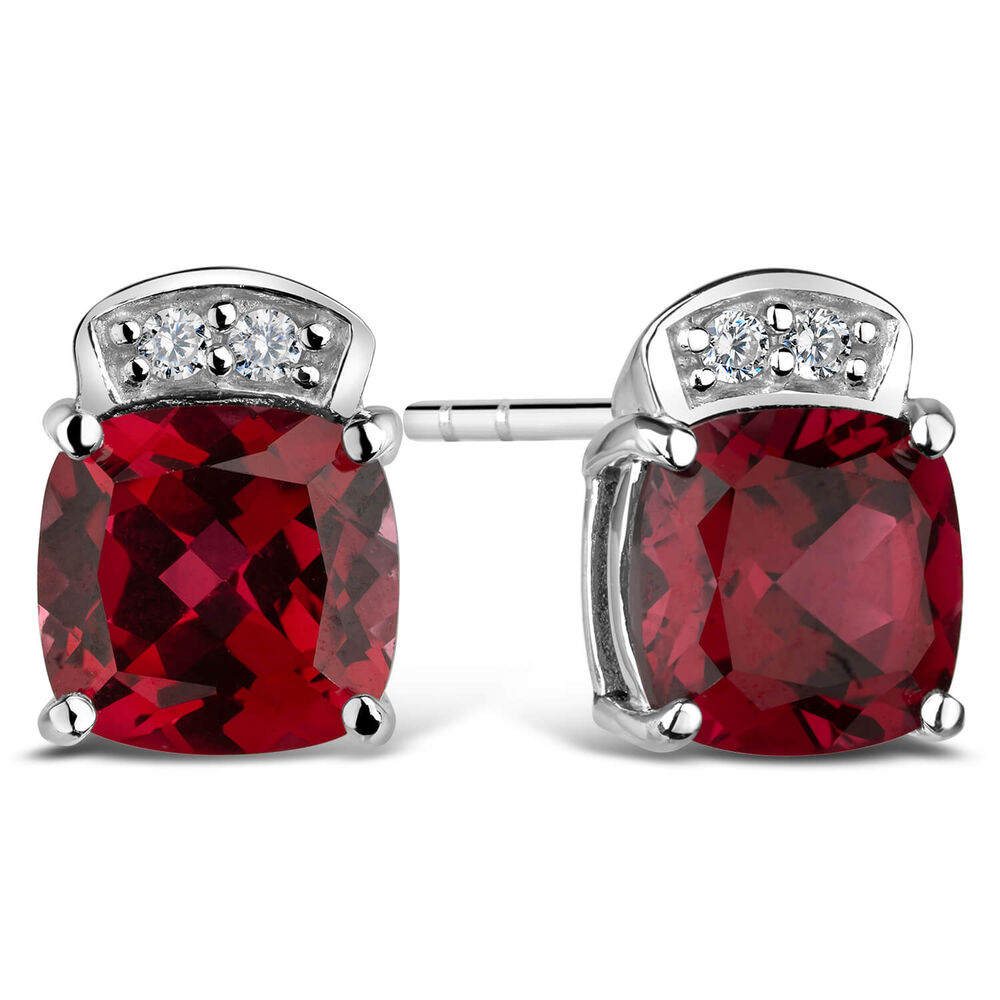 9ct White Gold Cushion Simple Ruby With Cubic Bale Ladies Stud Earrings