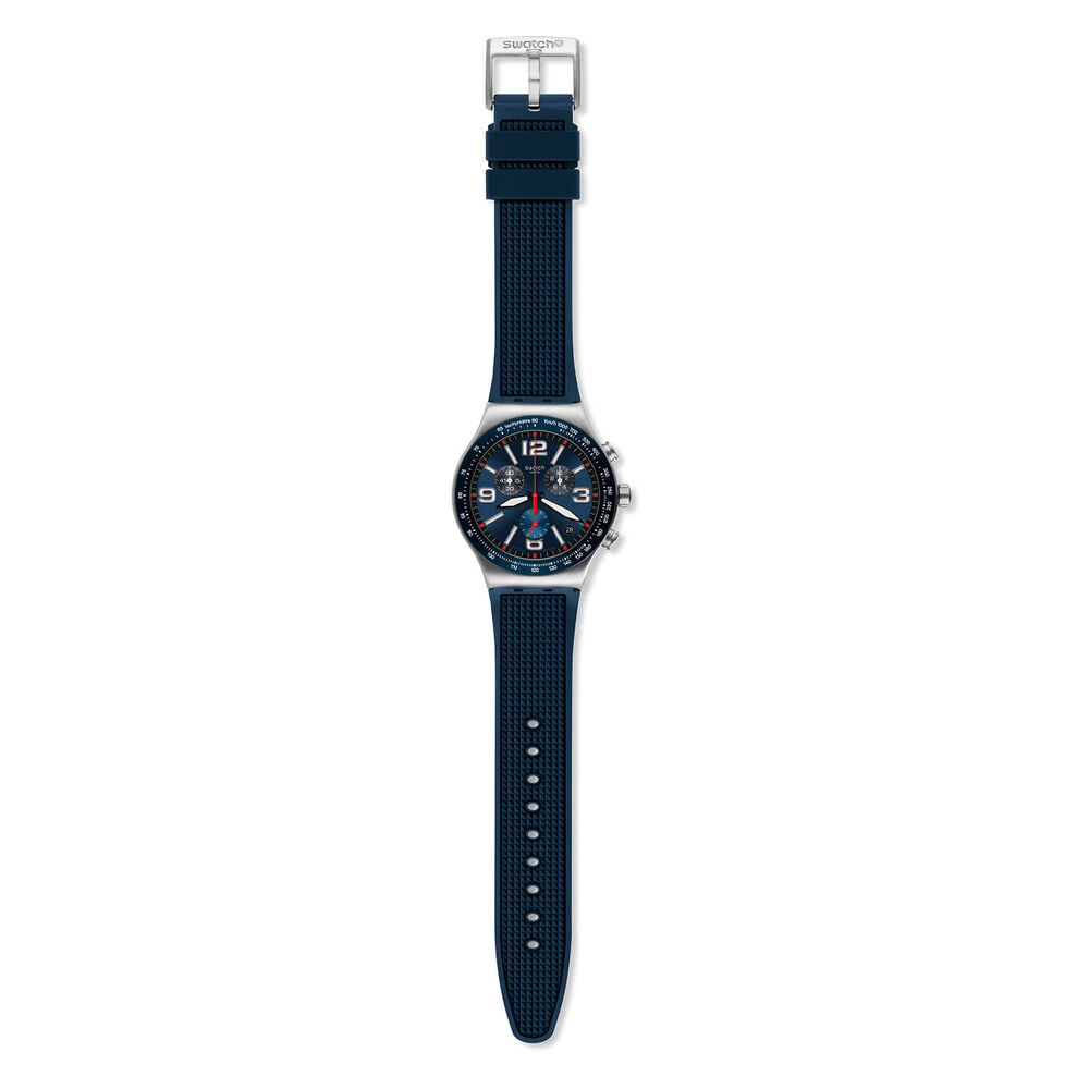 Swatch Irony Blue Grid 43mm Chronograph Steel Case Silicone Strap Watch