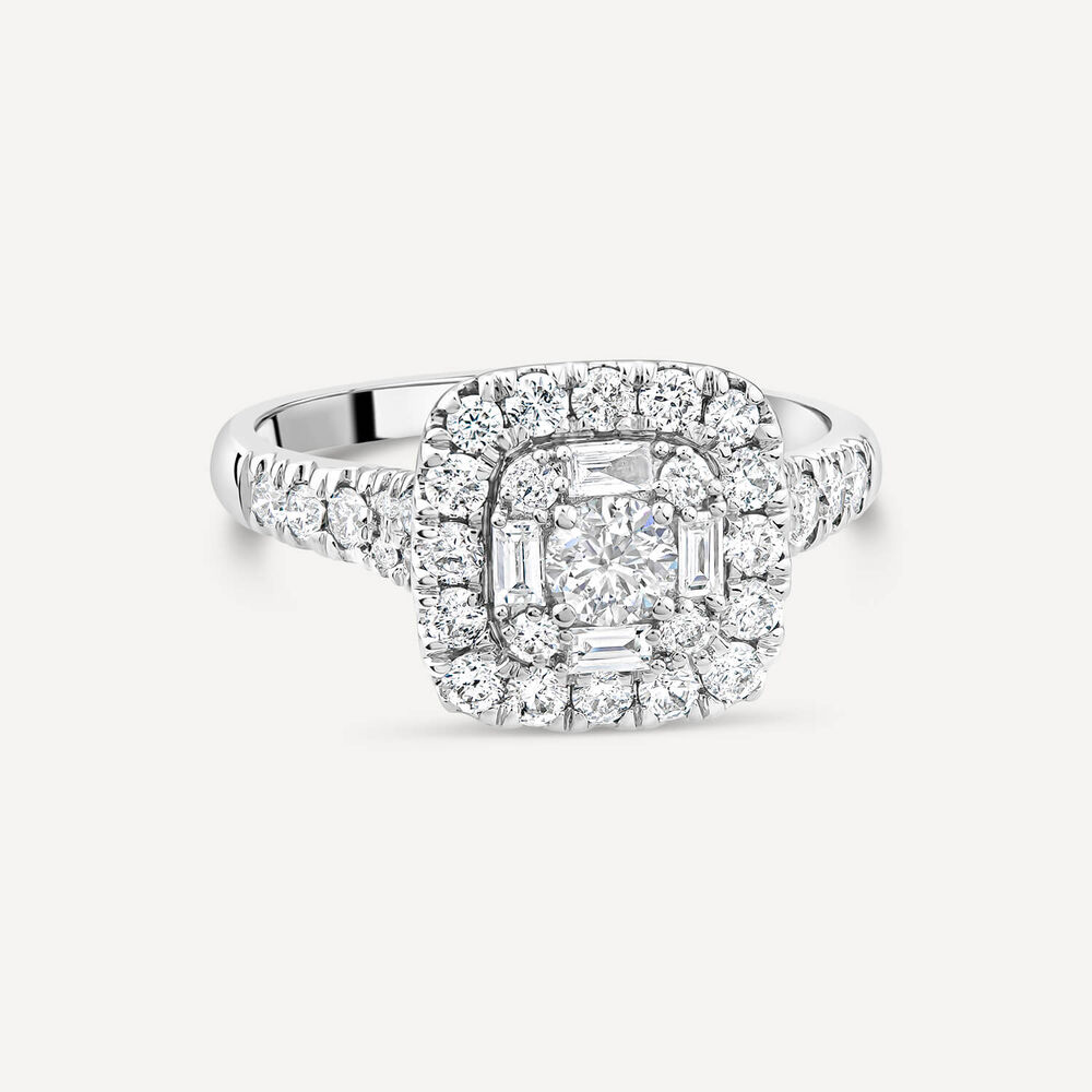 18ct White Gold 1ct Round & Baguette Diamond Square Cluster & Shoulders Ring image number 2
