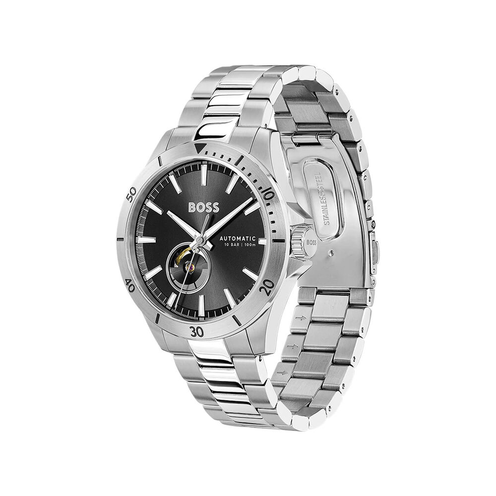 BOSS Troper Automatic 42mm Black Open Heart Dial Steel Bracelet Watch
