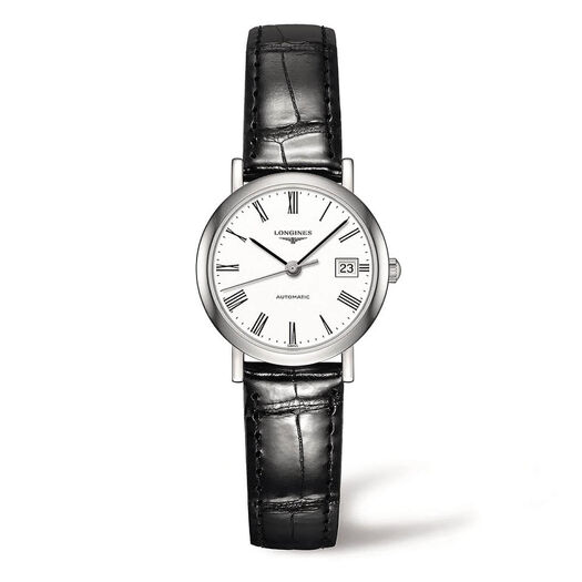 Longines Elegant Ladies' Automatic White Dial Black Leather Strap Watch