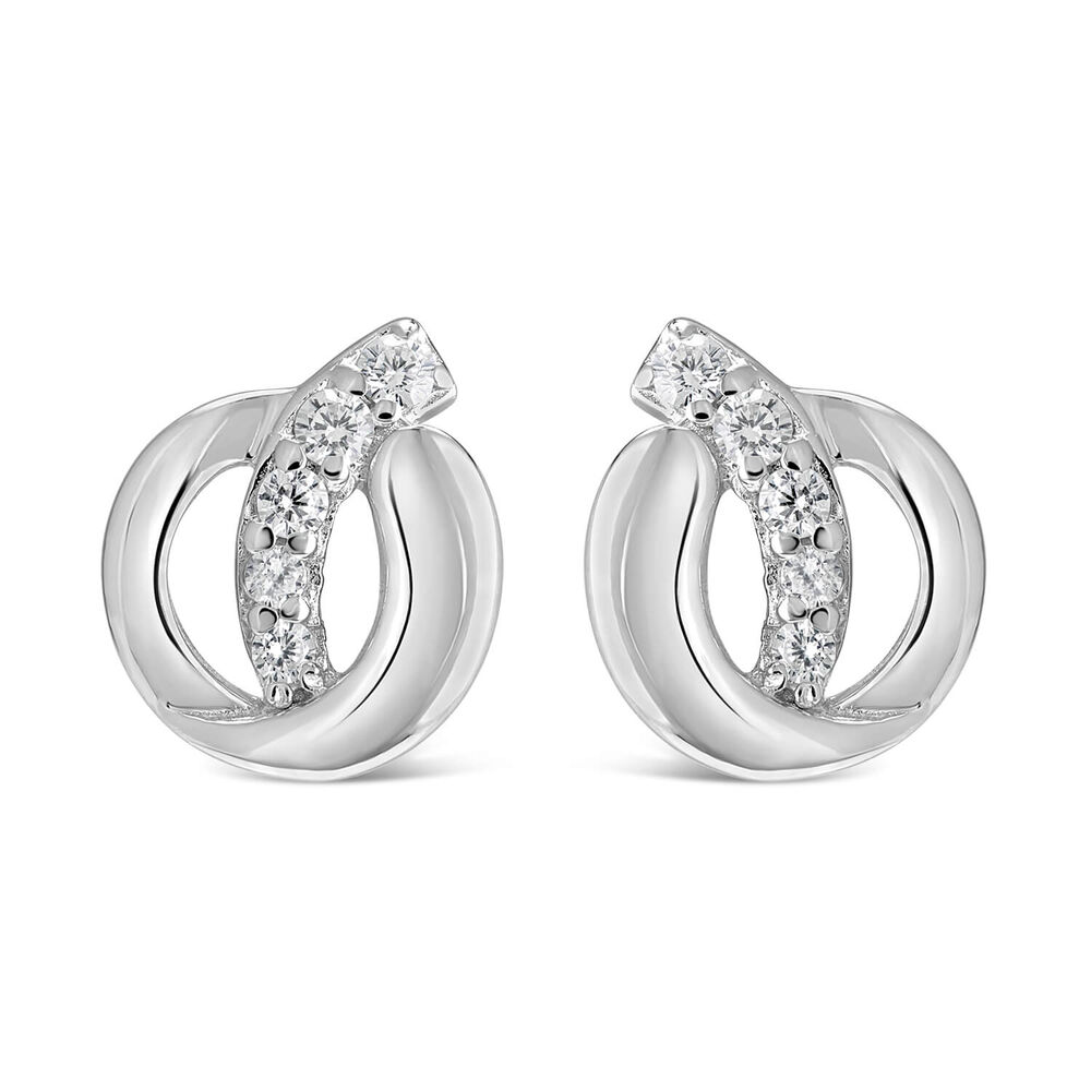 Ladies Sterling Silver Circle with Cubic Zirconia Tail Stud Earrings