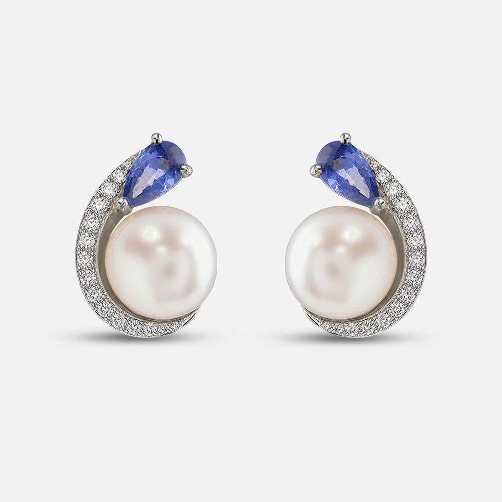 9ct White Gold Freshwater Pearl Sapphire 0.11ct Diamond Curl Earrings