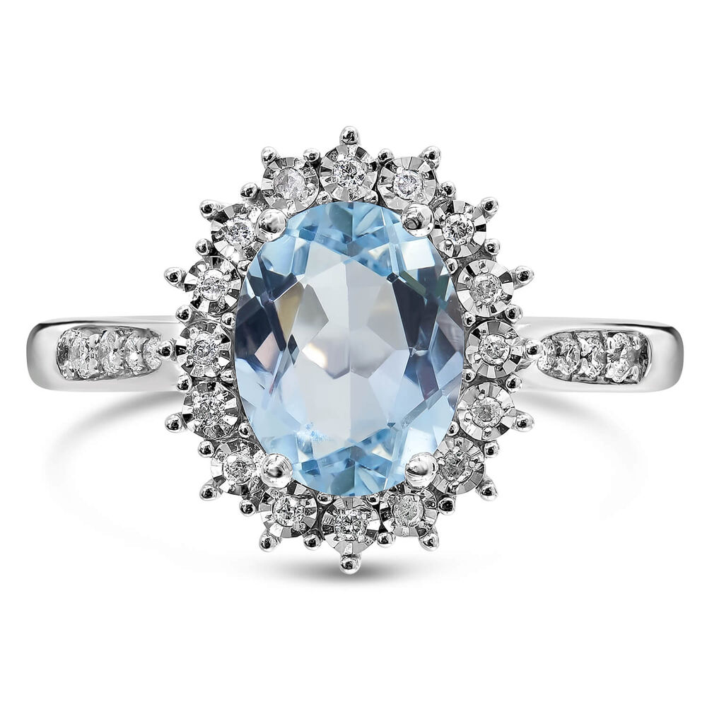 Ladies 9ct White Gold Diamond and Blue Topaz Cluster Dress Ring image number 1