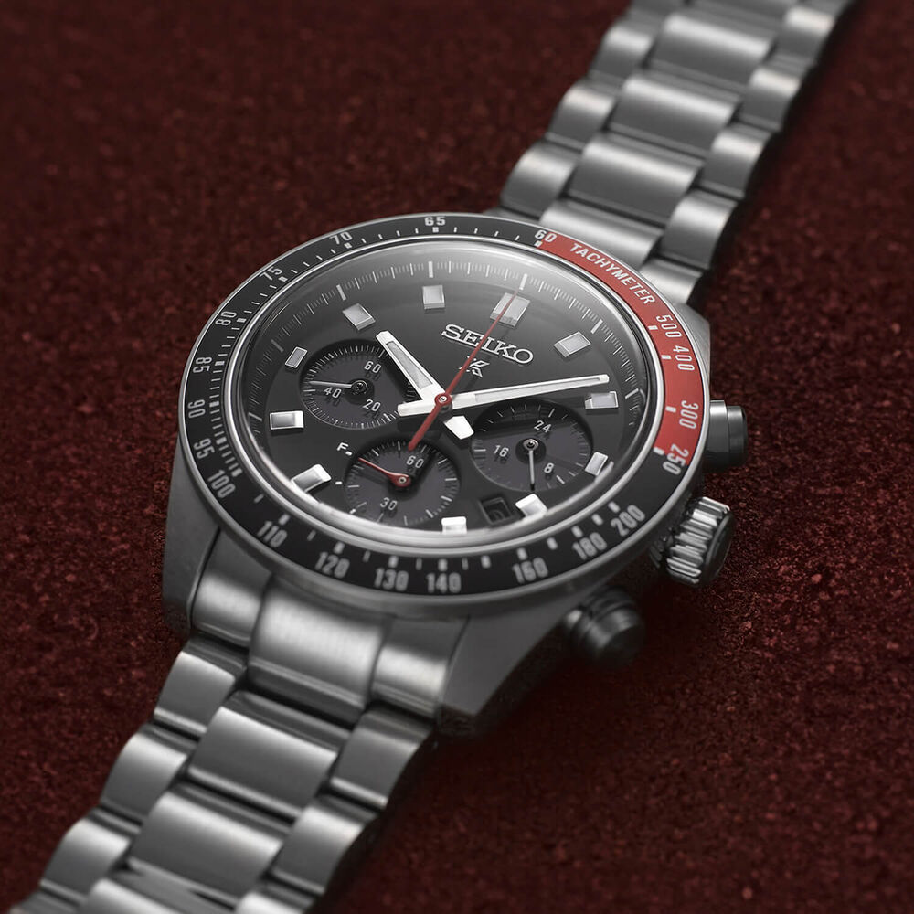 Seiko Prospex Speedtimer 41.4mm Solar Chronograph Black & Red Bezel Steel Bracelet Watch image number 1