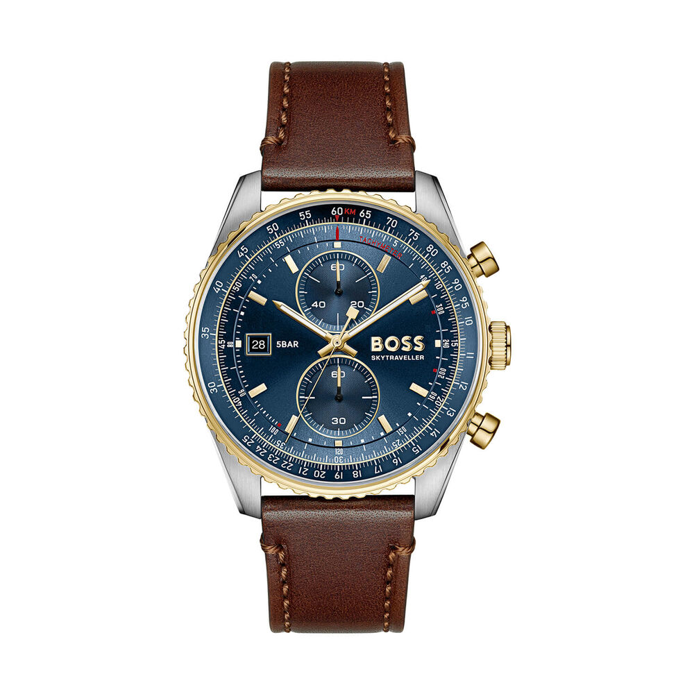 BOSS Skytraveller Pro 43mm Blue Dial Brown Leather Strap Watch