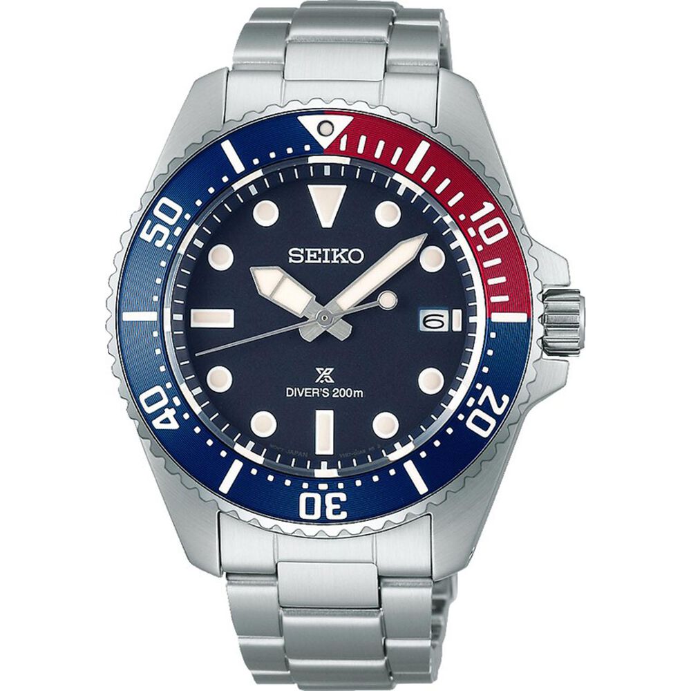 Seiko Prospex Solar Diver&rsquo;s 41mm Blue Dial Red & Blue Bezel Stainless Steel Bracelet Watch