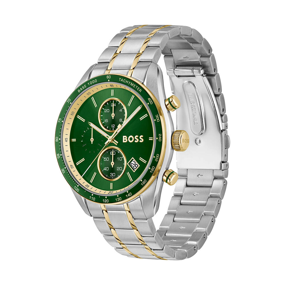 BOSS Grand Prix Vitesse 44mm Green Dial Two Tone Steel Bracelet Watch