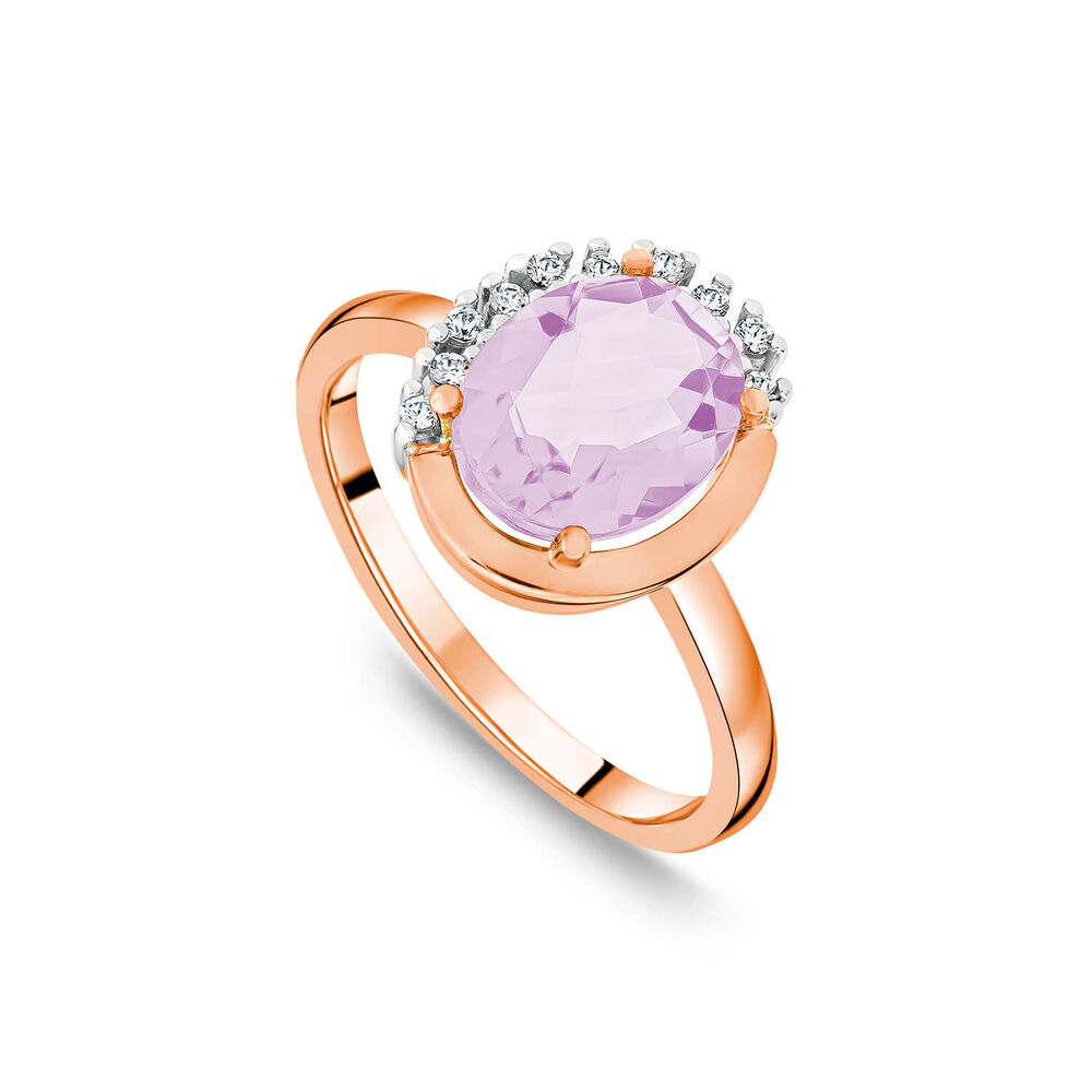 9ct Rose Gold Oval Amethyst & Half Set Diamond Surrounded Ring