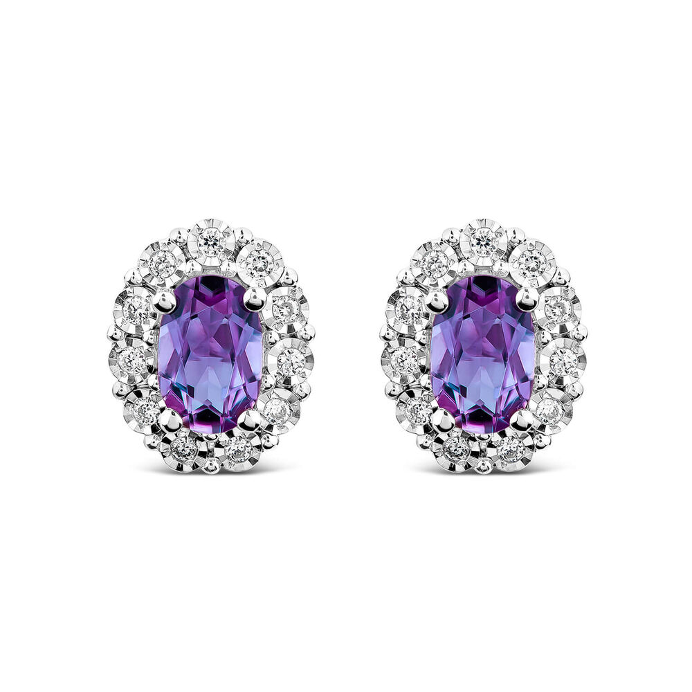 9ct White Gold Oval Amethyst 0.05ct Diamond Cluster Stud Earrings image number 0