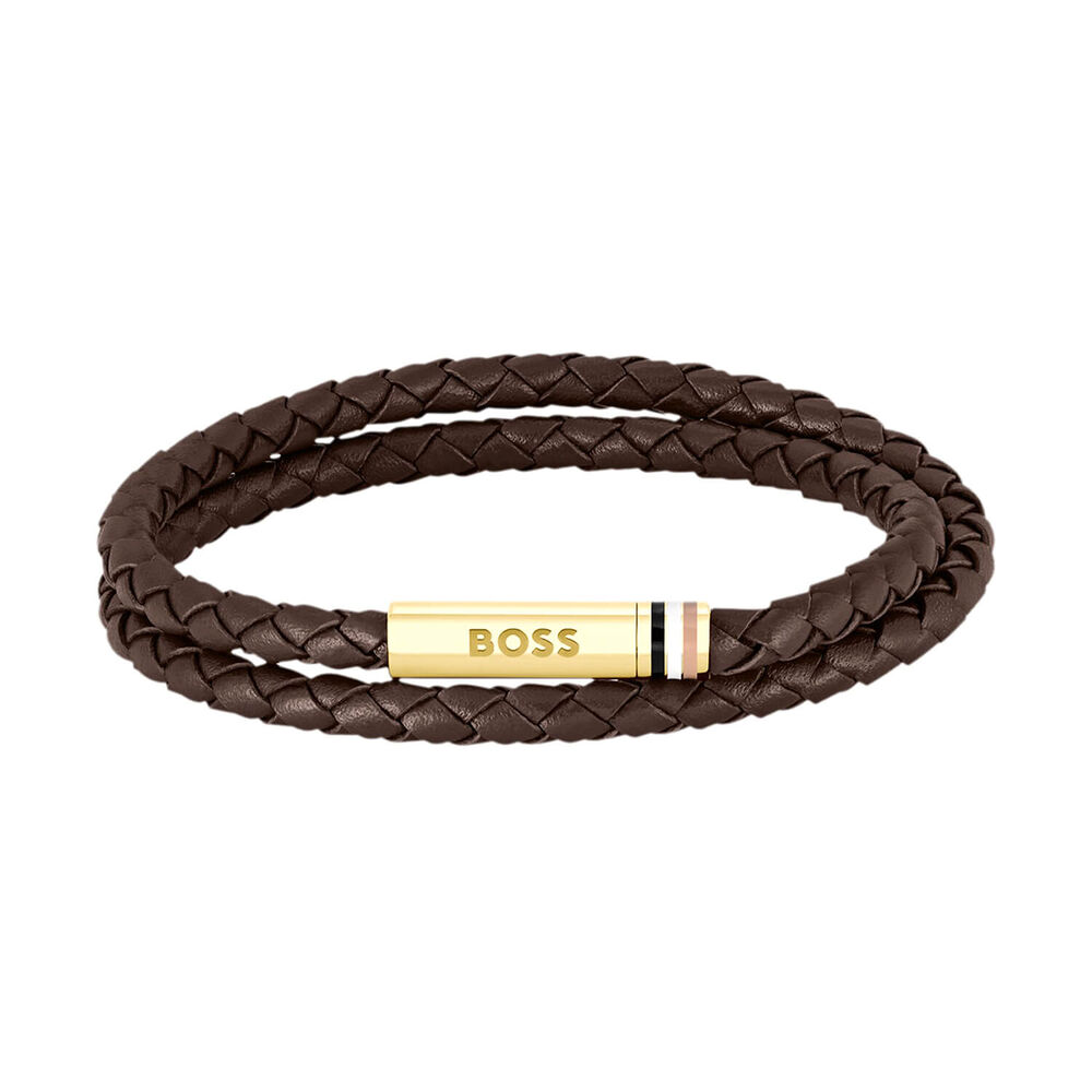 BOSS Ares Brown Leather Gold Tone Steel Plate Bracelet
