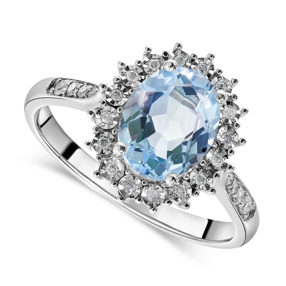 Ladies 9ct White Gold Diamond Blue Topaz Cluster Dress Ring