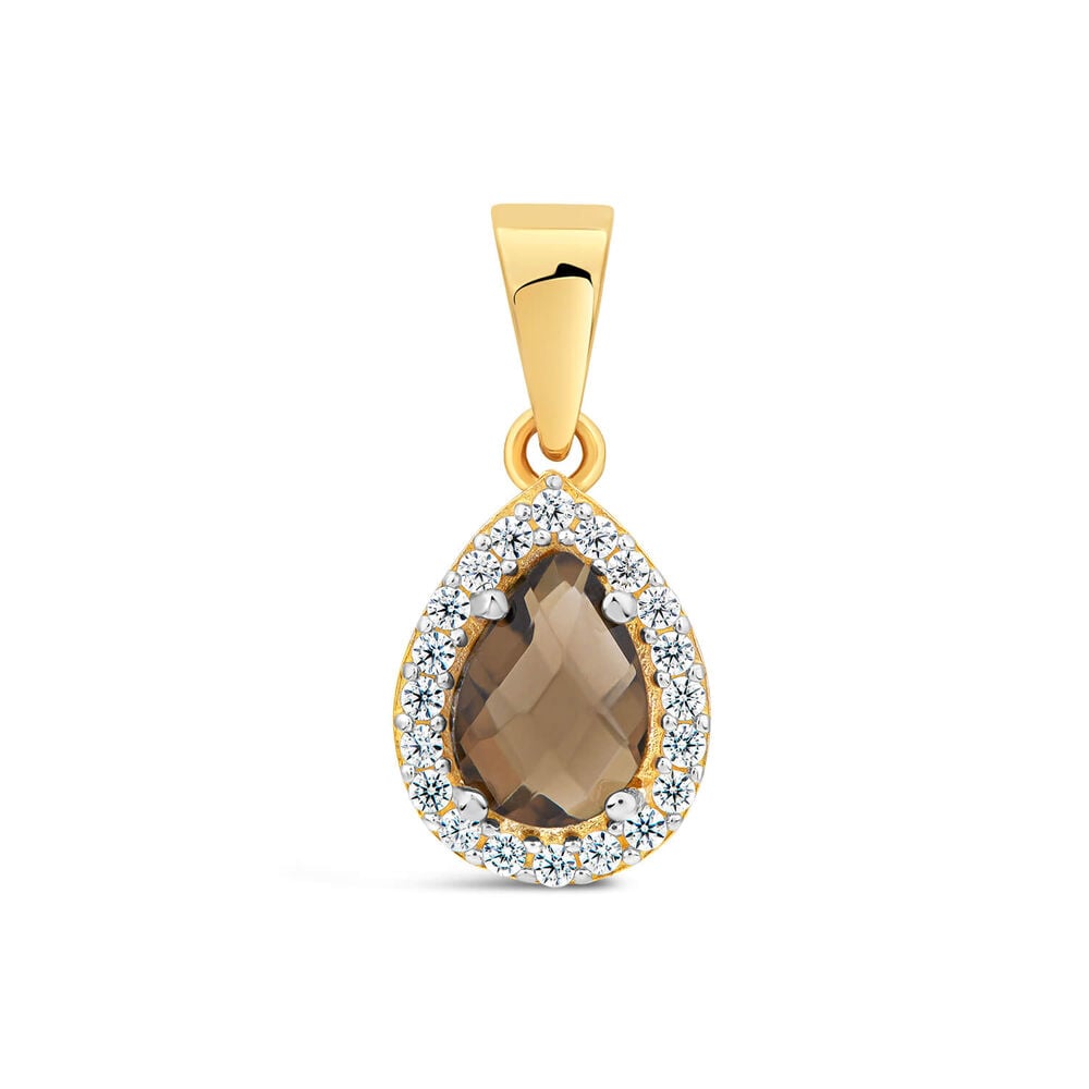 9ct Yellow Gold Pear Smokey Quartz & Cubic Zirconia Pendant (Chain Included) image number 0
