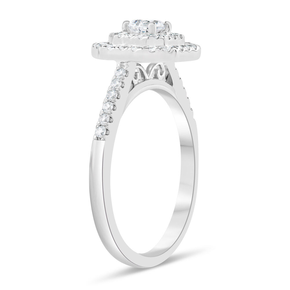 18ct White Gold 0.61ct Round Diamond Double Hexagonal Halo and Shoulders Ring image number 3