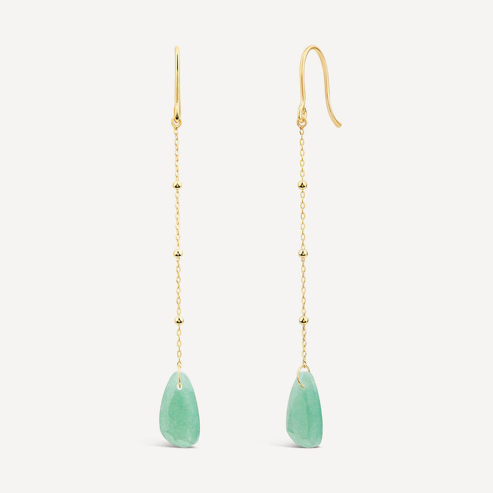 9ct Yellow Gold Bead Chain Aventurine Verde Green Pebble Drop Earrings image number 1