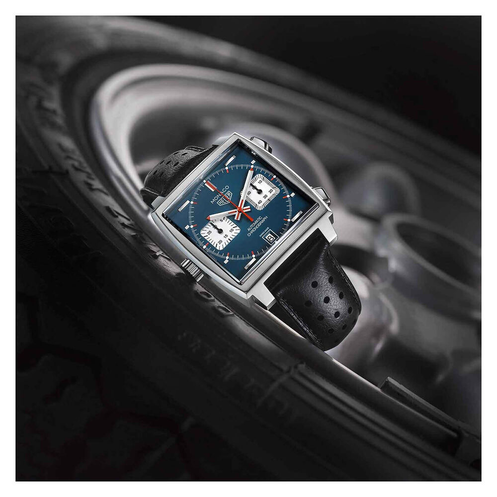 TAG Heuer Monaco Chronograph 39mm Blue Dial Black Leather Strap Watch image number 10