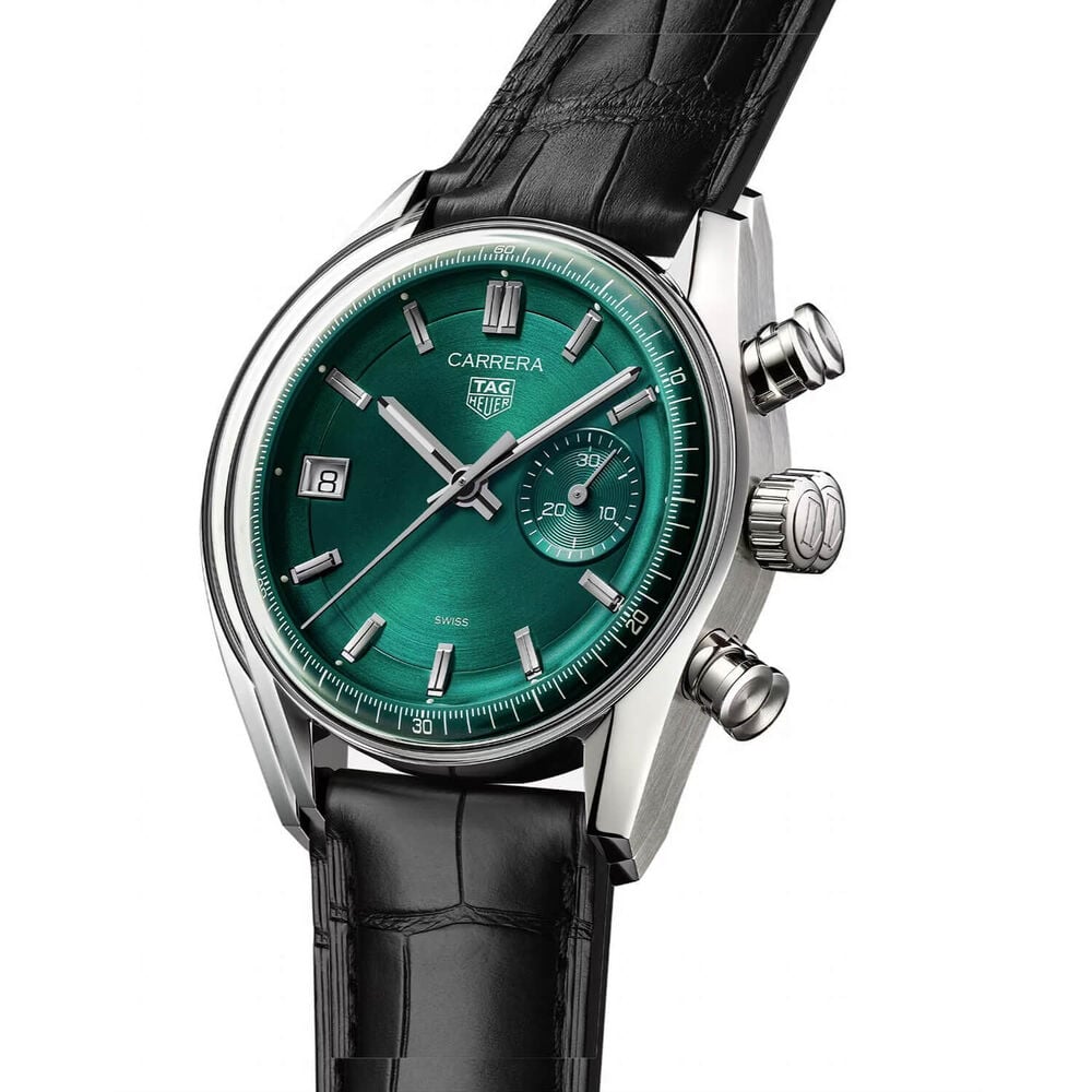 TAG Heuer Carrera Chronograph 39mm Green Dial Black Leather Strap Watch image number 1
