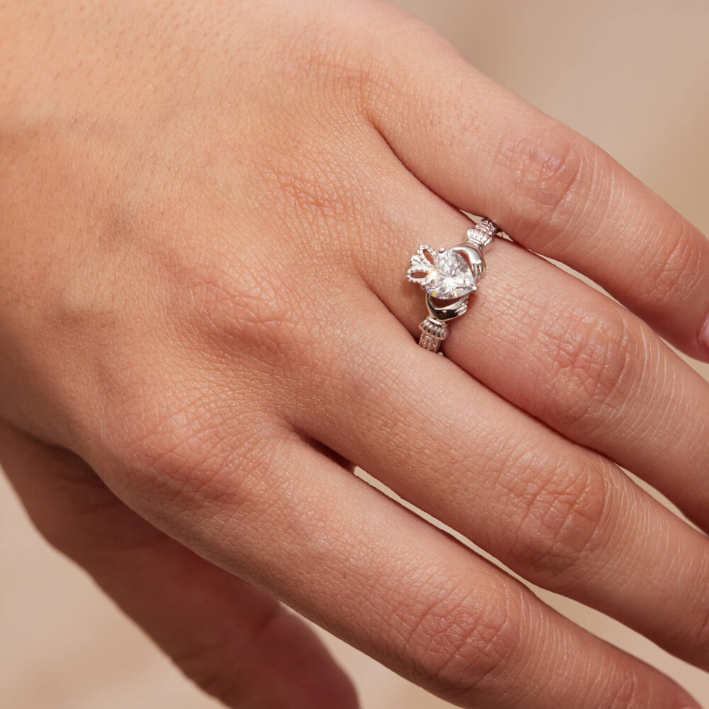 Sterling Silver Claddagh Birthstone April Cubic Zirconia Shoulder Set Ring